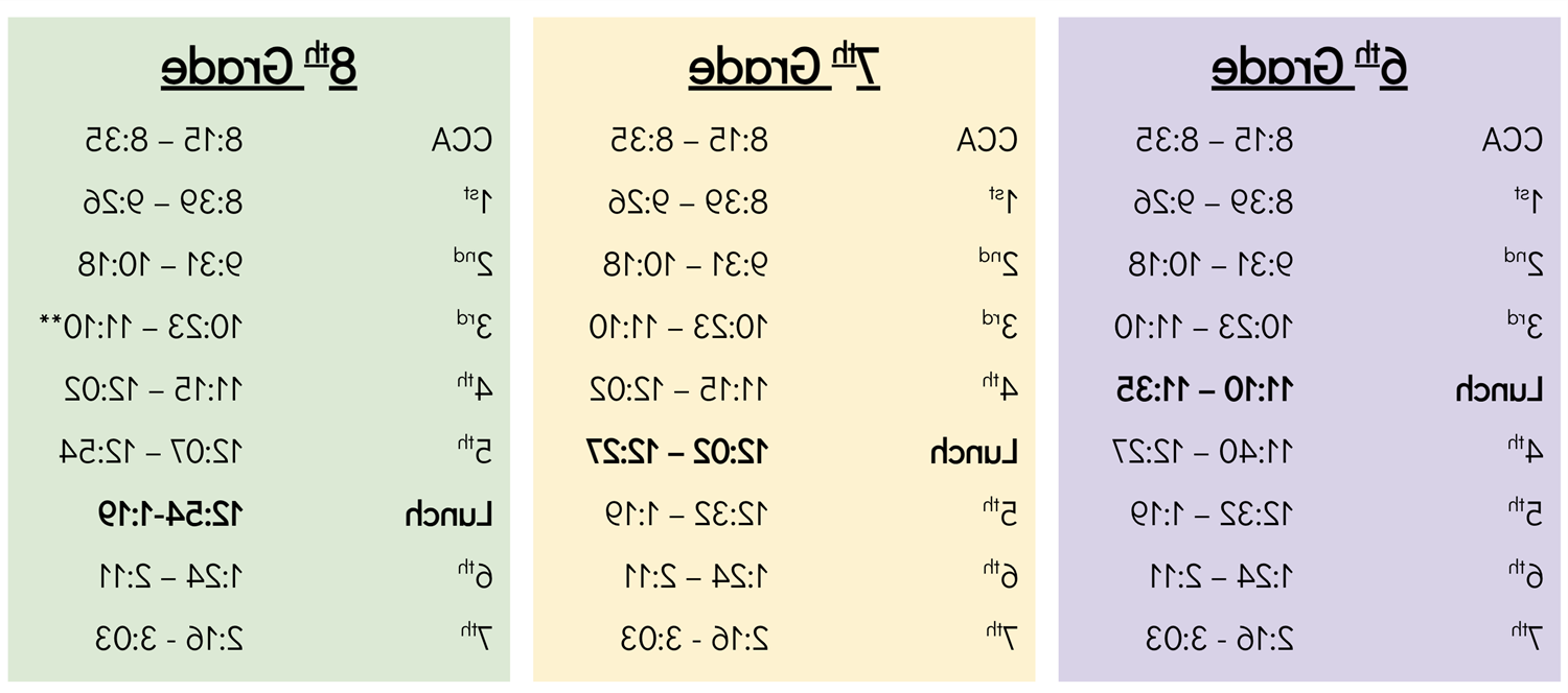 6th, 7th, and 8th grade bell schedules